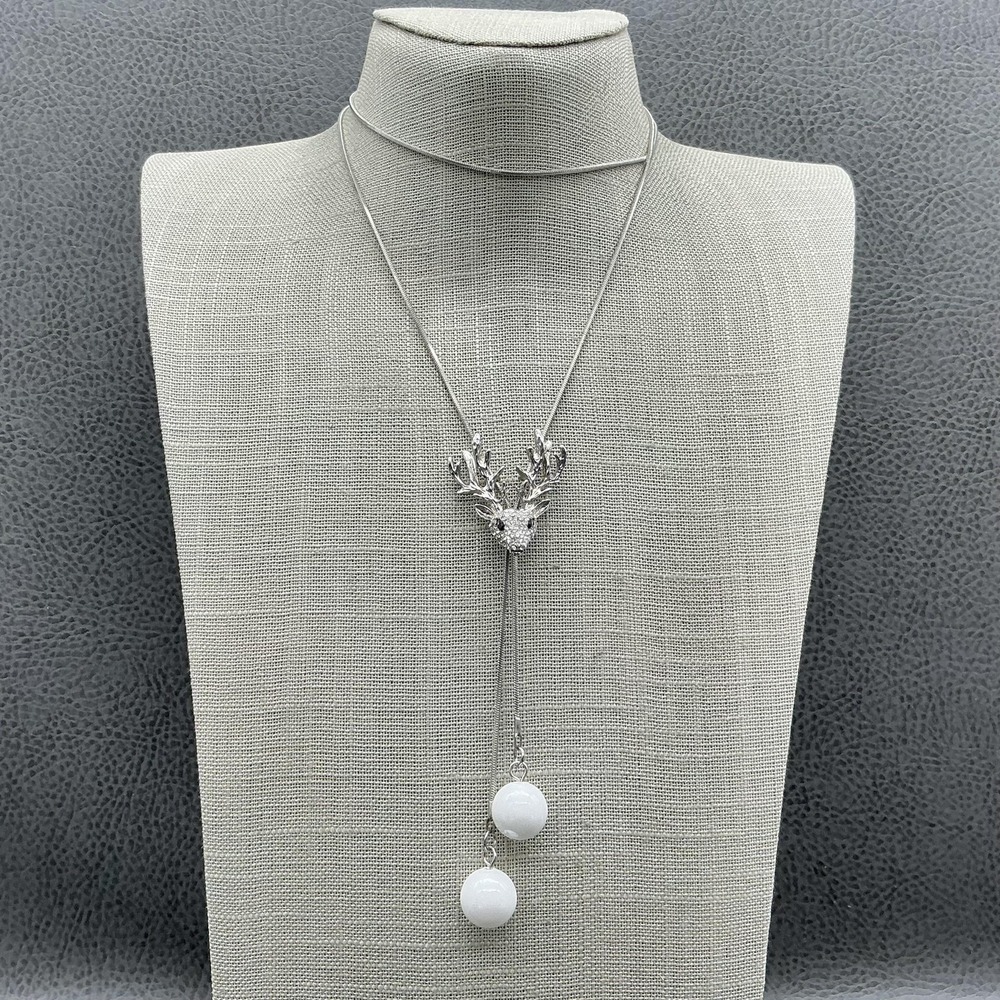 Necklace Silver Tone Deer Head Y-Drop White‎ Lariat Womens Statement Jewelry
